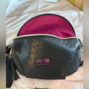 Make- Up Junkie Black Crossbody Cosmetic Bag with Pink Interior- NWT